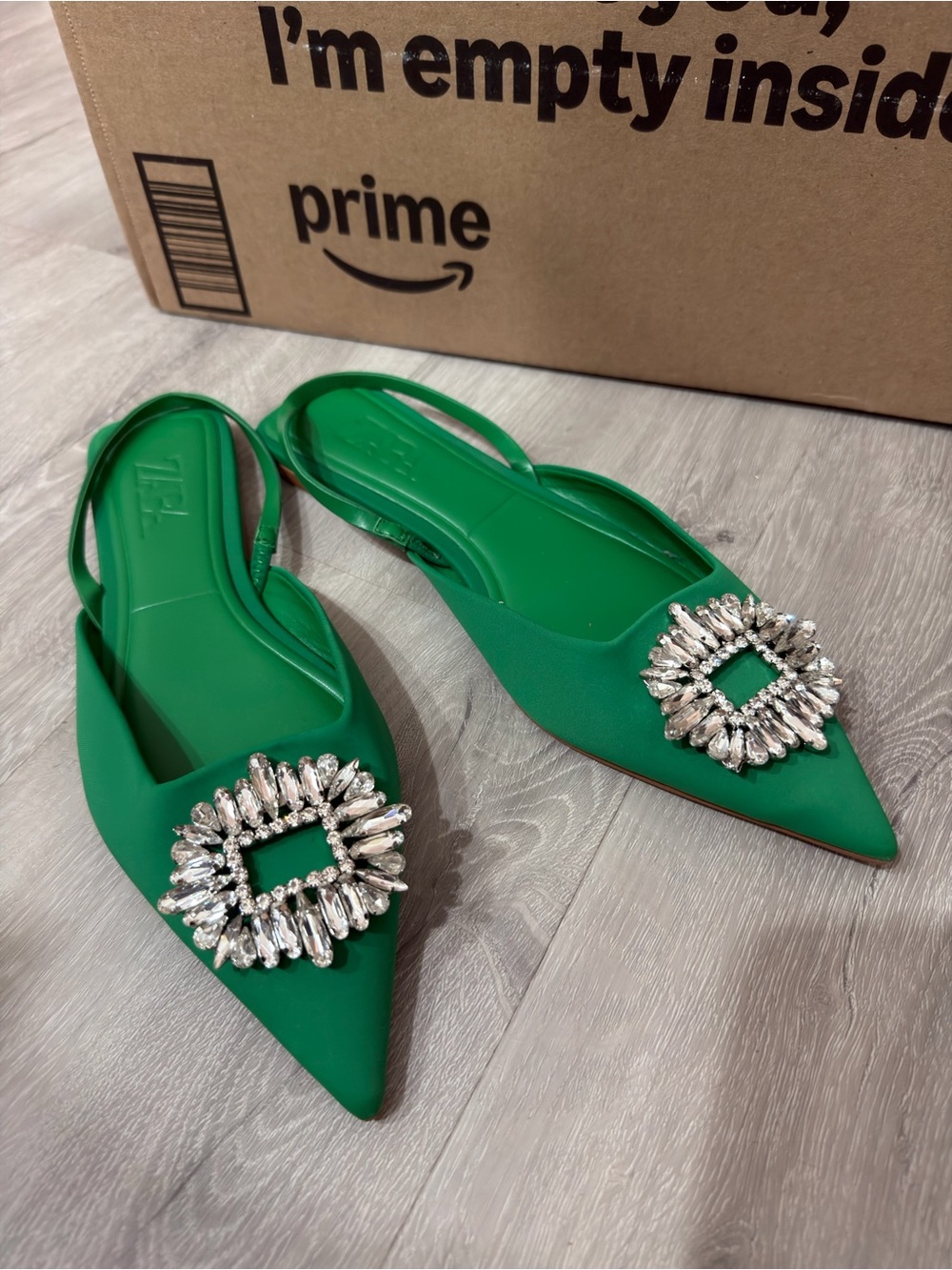 Zara Emerald Green Pointed Slingback Flats with Crystal Buckle